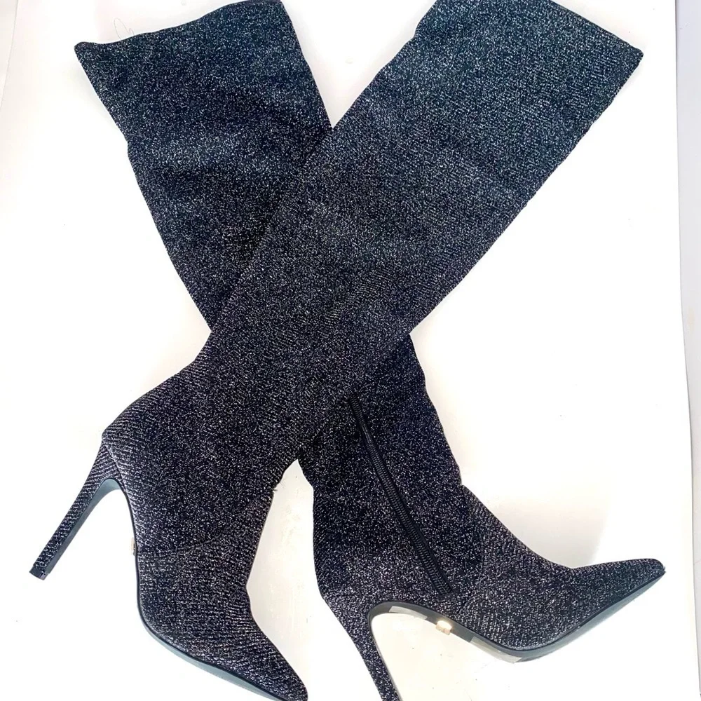 LAUREN LORRAINE Jenny OTK Boots Black‎ Shimmer Stretch sz 6